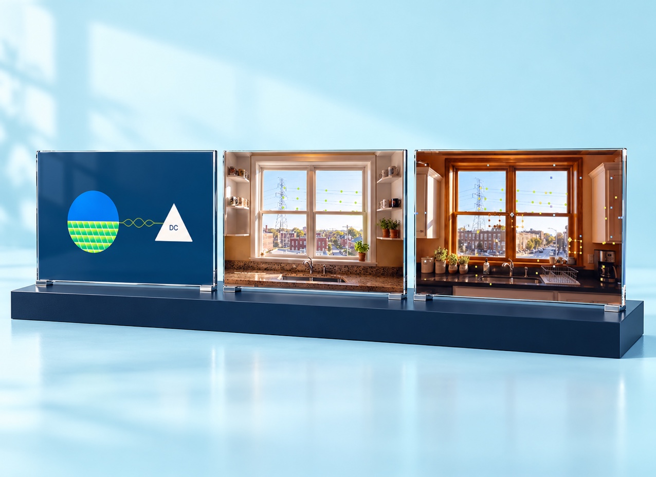 Trinity Solar’s solar-energy graphics and kitchen-window animation styleframes displayed on acrylic panels.
