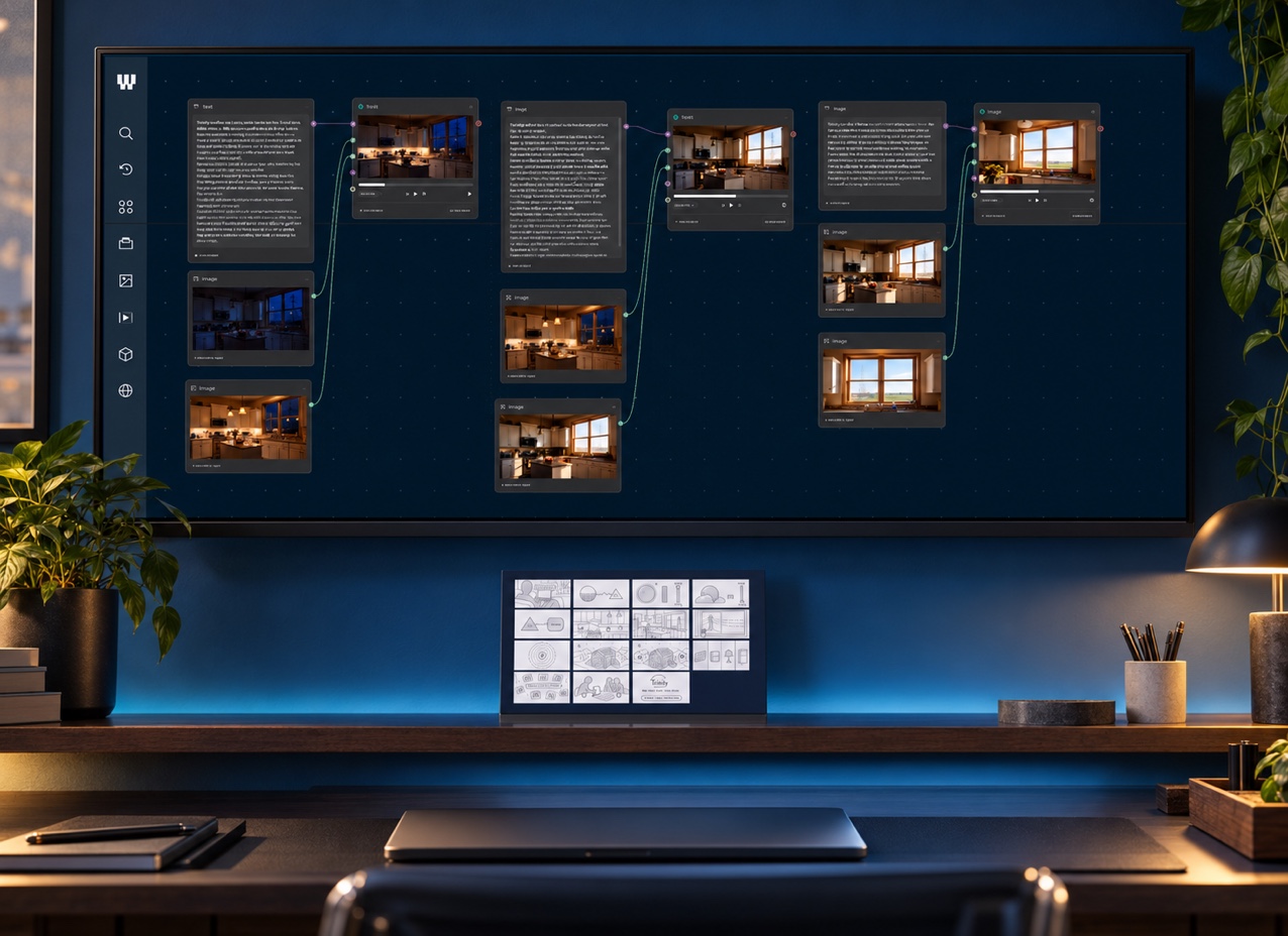 Trinity Solar’s day-to-night kitchen imagery and connected AI-production workflow presented on a studio monitor.