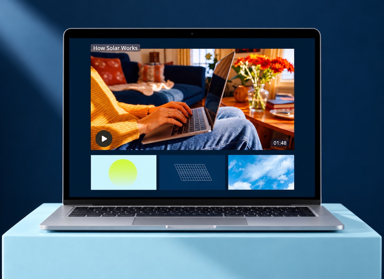 Trinity Solar’s How Solar Works film shown in a laptop web-video presentation with source frame thumbnails.