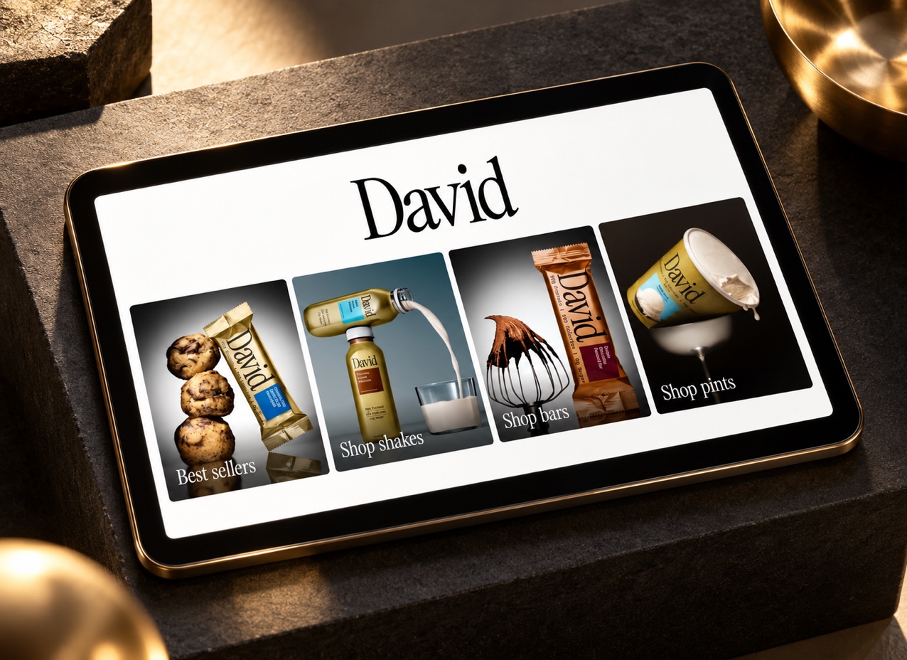 David Protein’s Best sellers, Shop shakes, Shop bars and Shop pints category tiles presented on a tablet.