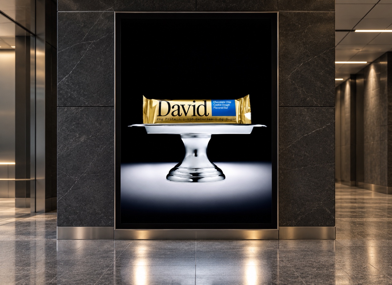 David Protein’s gold bar and silver-pedestal artwork displayed on a portrait advertising lightbox.