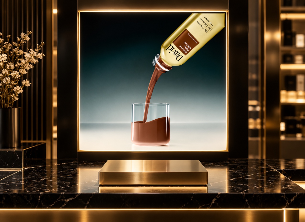 David Protein’s chocolate-shake pouring artwork shown in a backlit retail advertising panel.