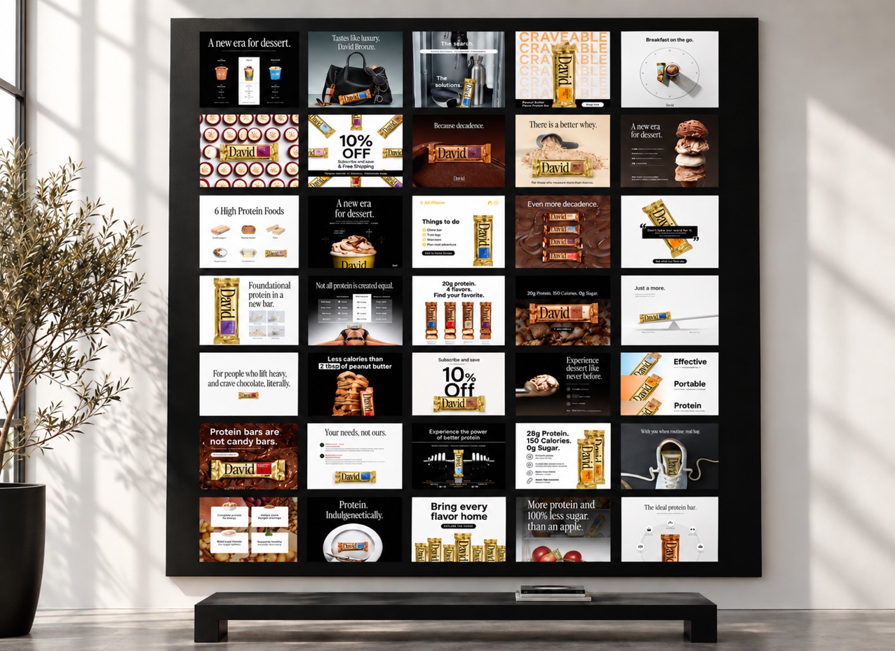 David Protein’s supplied social-ad concepts presented as an organized studio proof wall.