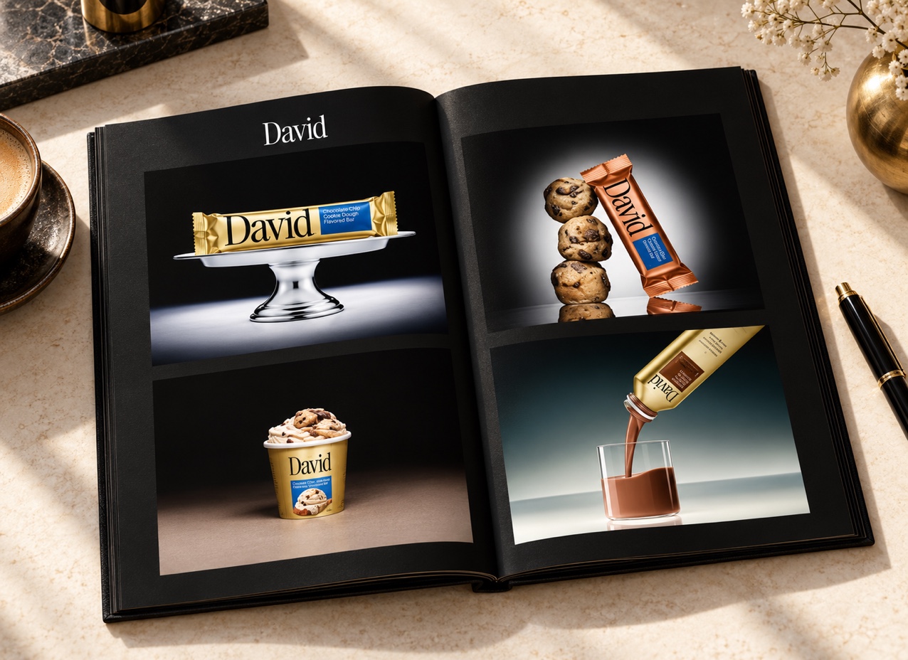 Four supplied David Protein product stills presented in an open printed campaign lookbook.
