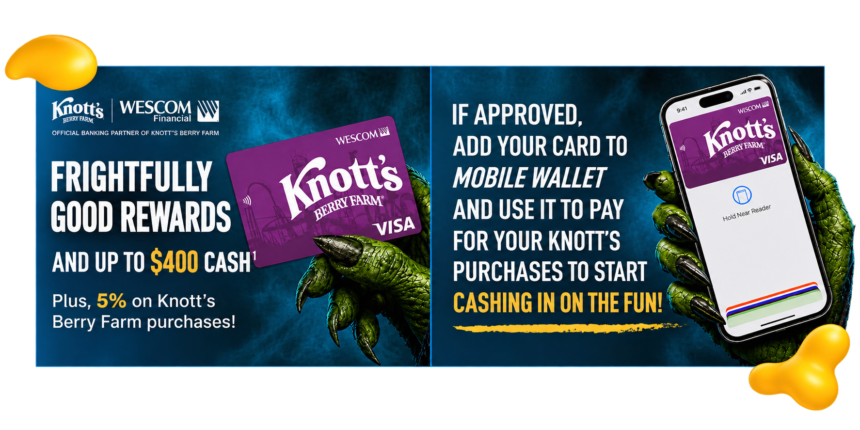 Wescom Financial credit card promotional designs featuring Visa card benefits and the 2026 Knott's Berry Farm Cardholders Summer Bash.