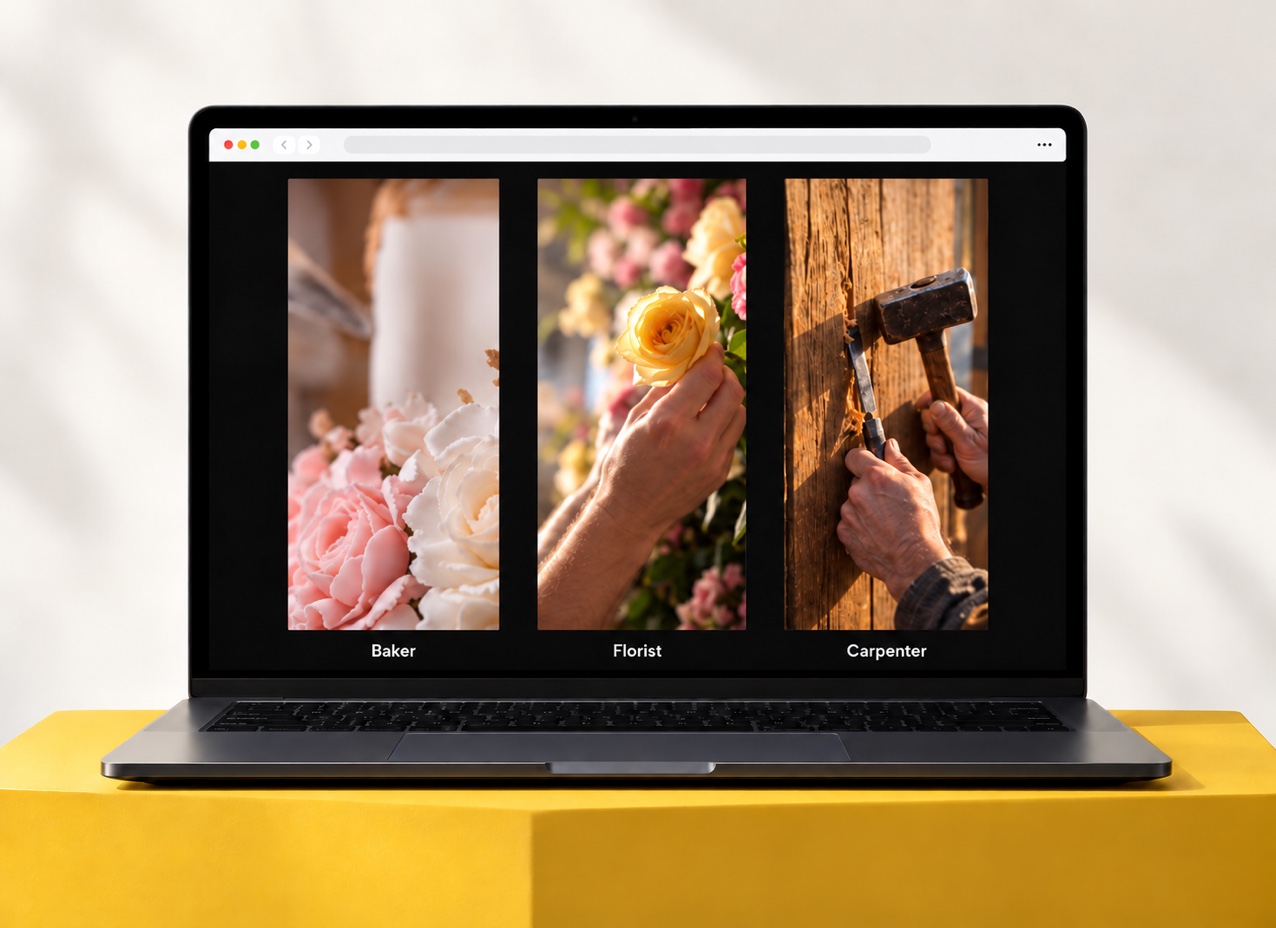 Selective Insurance’s baker, florist and carpenter banner frames displayed together in a laptop browser review.