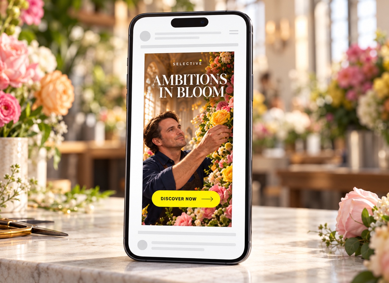 Selective Insurance’s florist banner with Ambitions in Bloom headline displayed in a mobile page mockup.