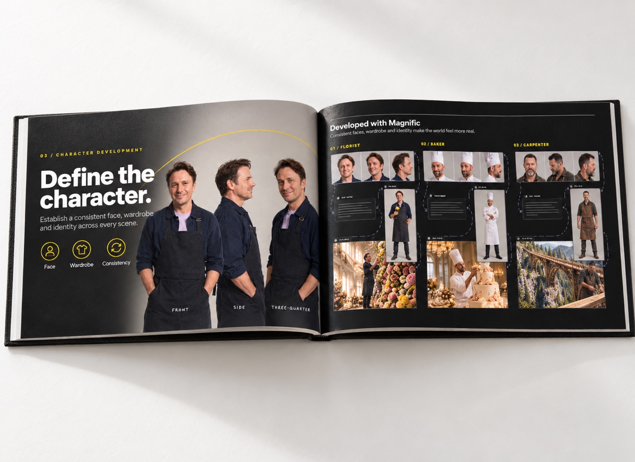 Selective Insurance’s florist, baker and carpenter character-development sheets shown in a creative-direction booklet.