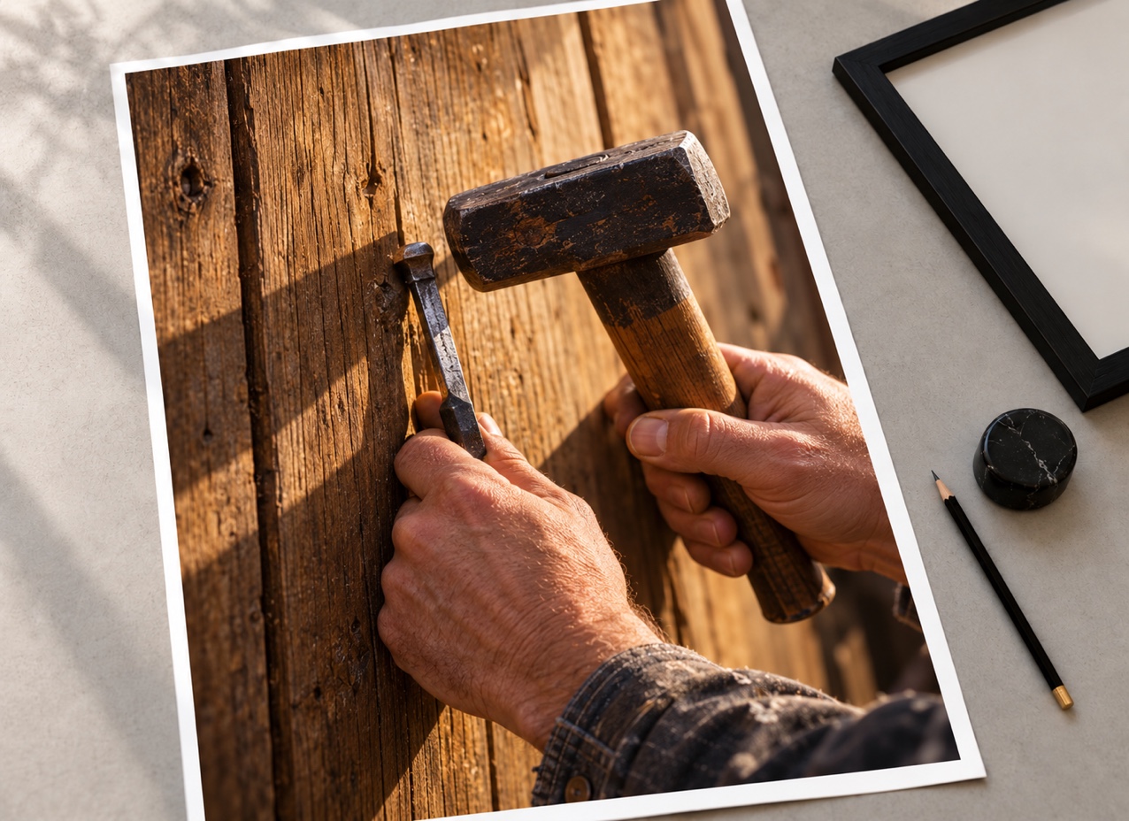 Selective Insurance’s carpenter banner featuring hands working on timber presented as a printed proof.