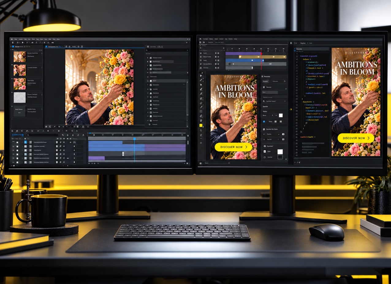 Selective Insurance’s florist banner shown across motion-design, Adobe Animate and HTML integration review screens.