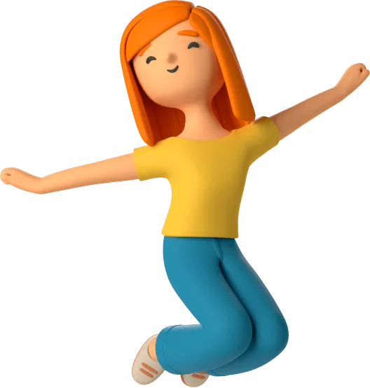 A redheaded woman jumping for joy.