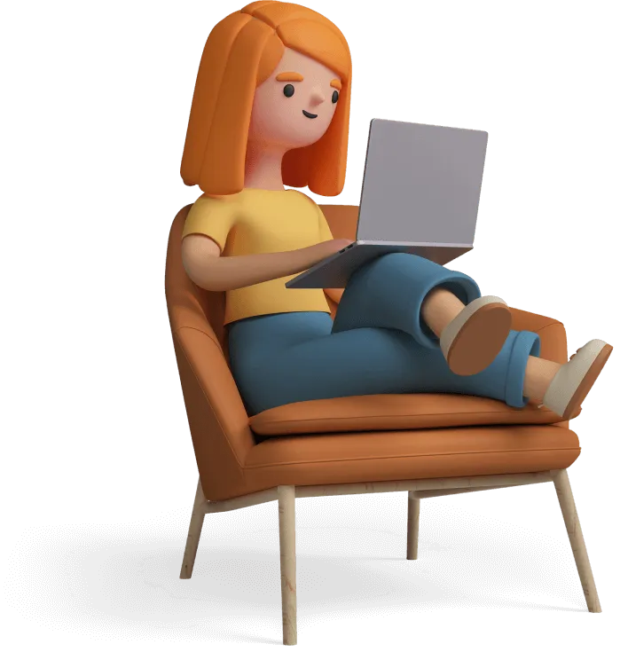 A redheaded woman sits in a chair with a laptop in her lap, signing up for Designity's DesignityCon '22.