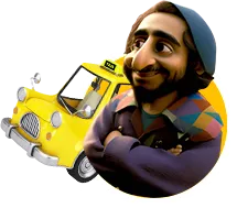 A 3D illustration of a man standing in front of a taxi.