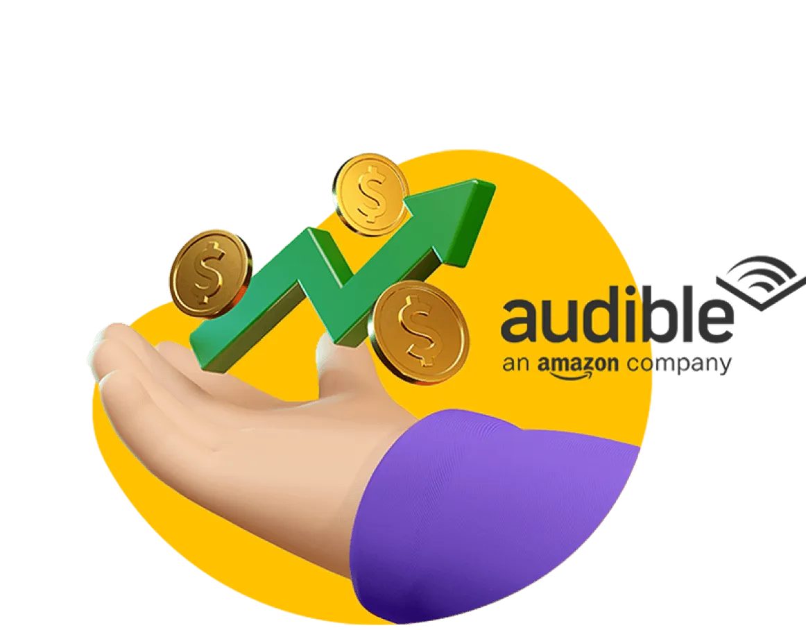 A hand holds coins and an upward tending arrow, for Designity's recognition by Audible.