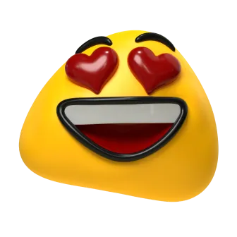 A smiling Designity blob with two red hearts for eyes.