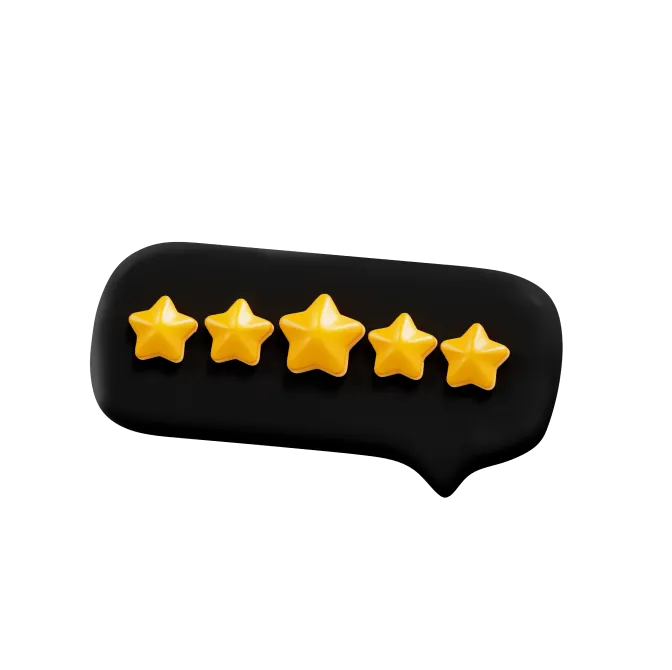 A black message bubble with 5 yellow stars, for how a Designity leader ensures five-star quality.
