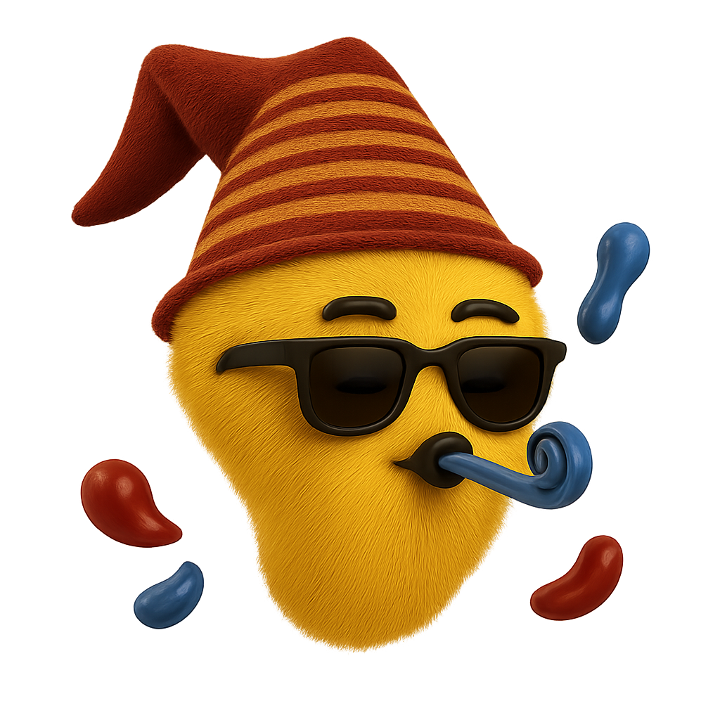 A party blob blows a noisemaker on Designity's timeline.