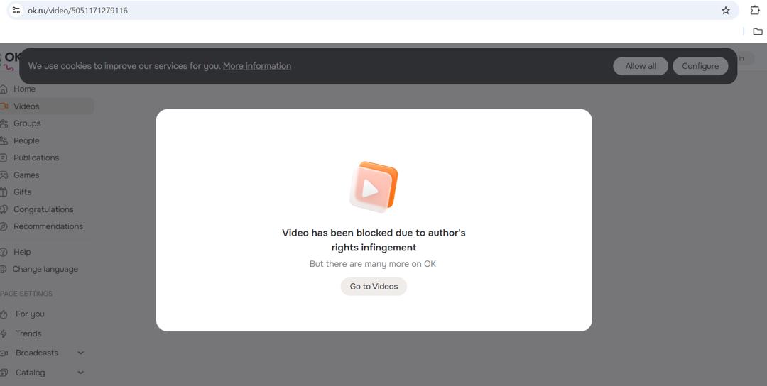 Screenshot of OK.ru blocked videos notice