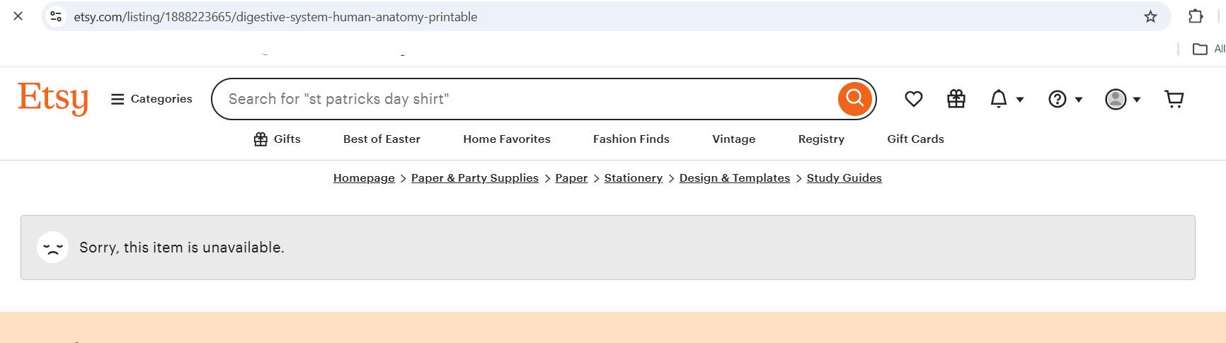 Screenshot of Etsy listing after takedown showing item unavailable
