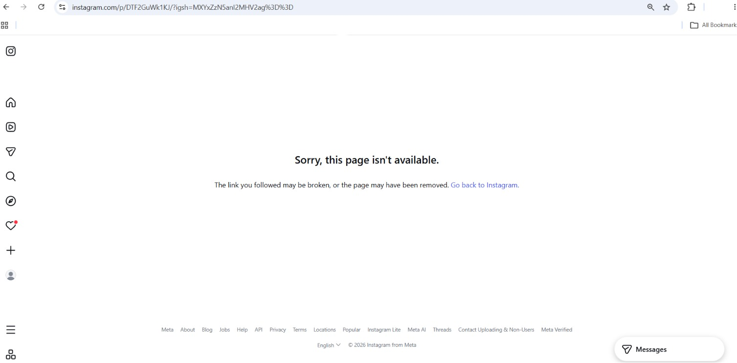 Instagram page takedown confirmation