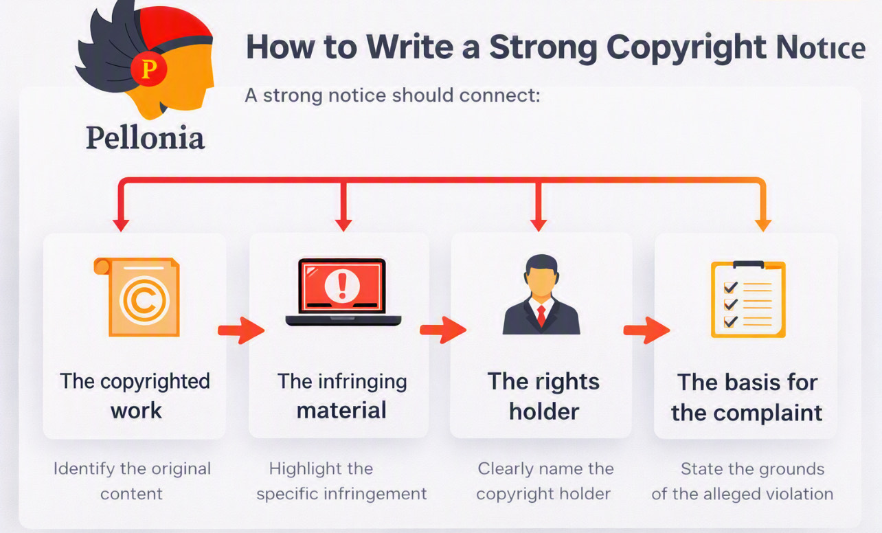 Diagram showing how a strong DMCA notice connects the copyrighted work, the infringing material, the rights holder, and the basis for the complaint