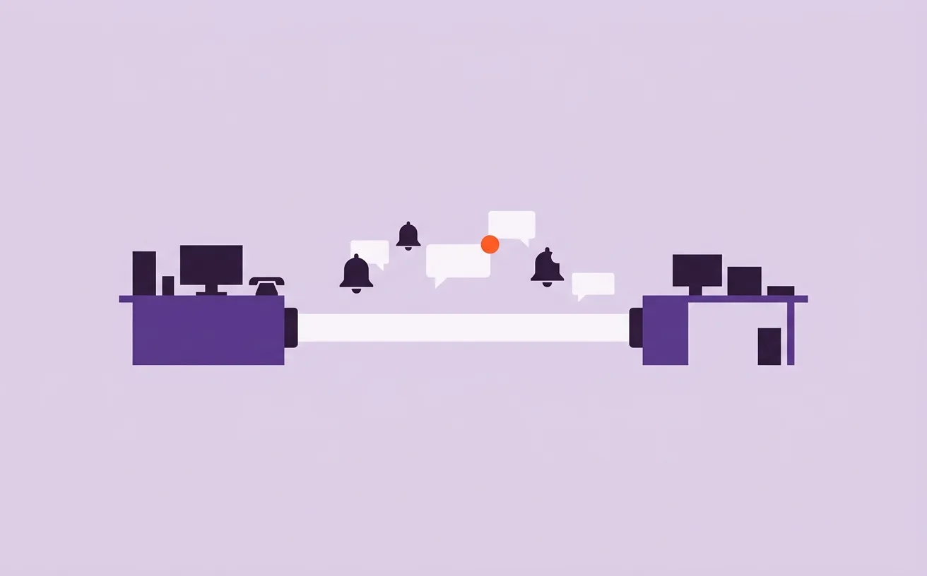 Illustration: two office desks linked by one shared connection, with chat messages and notifications flowing between them