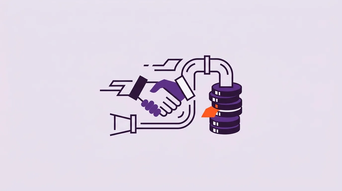 Illustration: Ein Handschlag-Symbol fließt durch eine schnelle Pipeline in einen Münzstapel