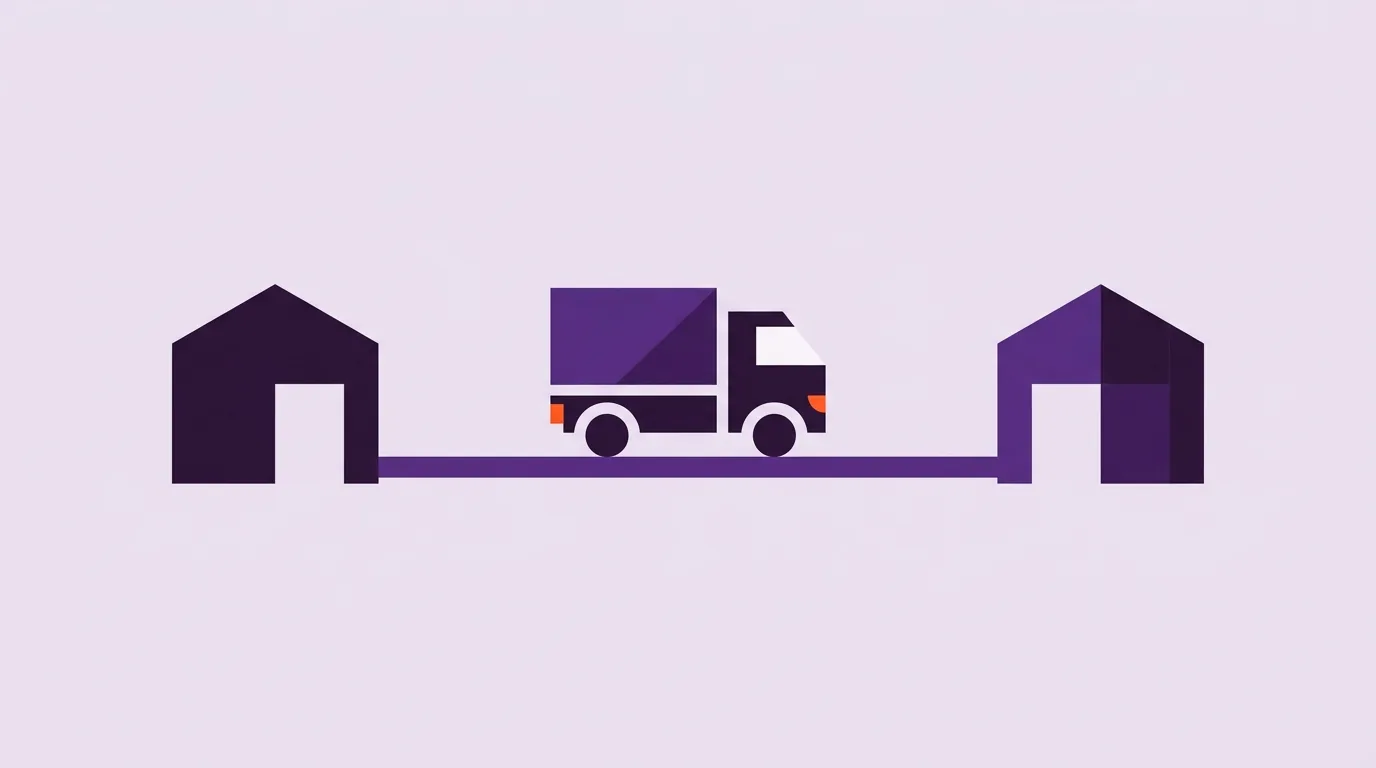 Illustration: Ein Lieferwagen fährt entlang einer Pipeline zwischen zwei Lagerhäusern