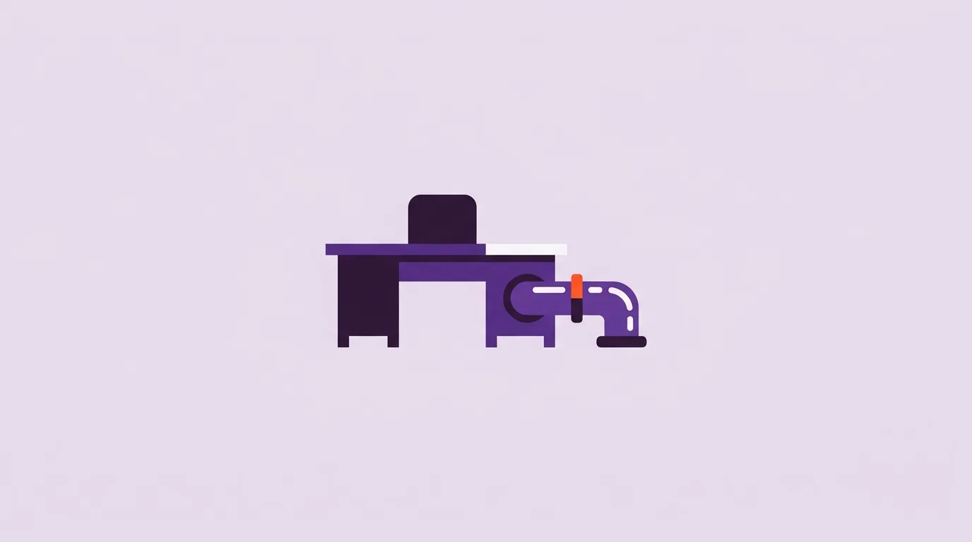 Illustration: Eine Schreibtischform verwandelt sich in eine leuchtende automatisierte Pipeline