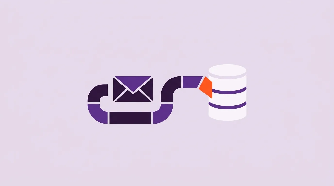 Illustration: Ein Umschlag-Symbol fließt durch eine Pipeline in einen Datenbank-Zylinder
