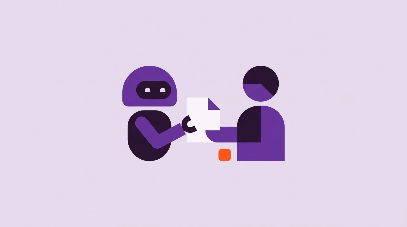 Illustration: Ein kleiner freundlicher Roboter reicht einem personenförmigen Symbol ein Dokument