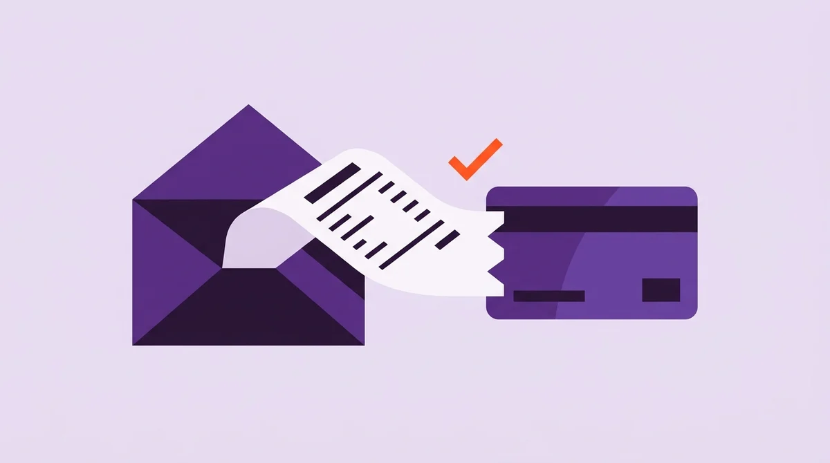 Illustration: a receipt sliding out of an envelope and locking onto a bank transaction, an orange checkmark confirming the automatic match