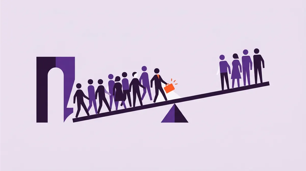 Illustration: a large group of people exits through an archway on one side of a seesaw while a smaller group stands on the other side – the beam tips toward the departing side; one figure carrying a glowing orange briefcase marks the missing workforce