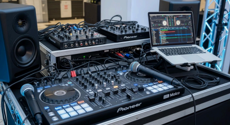 backup equipment, including spare cables, speakers, and music sources.