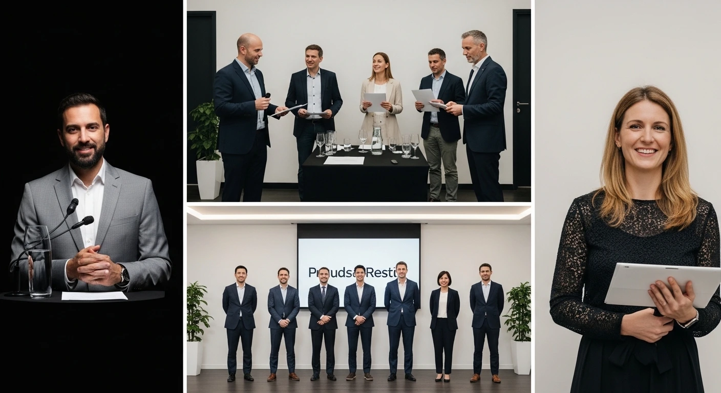 Different types of corporate events including conference, team building, and product launch displayed as a collage.