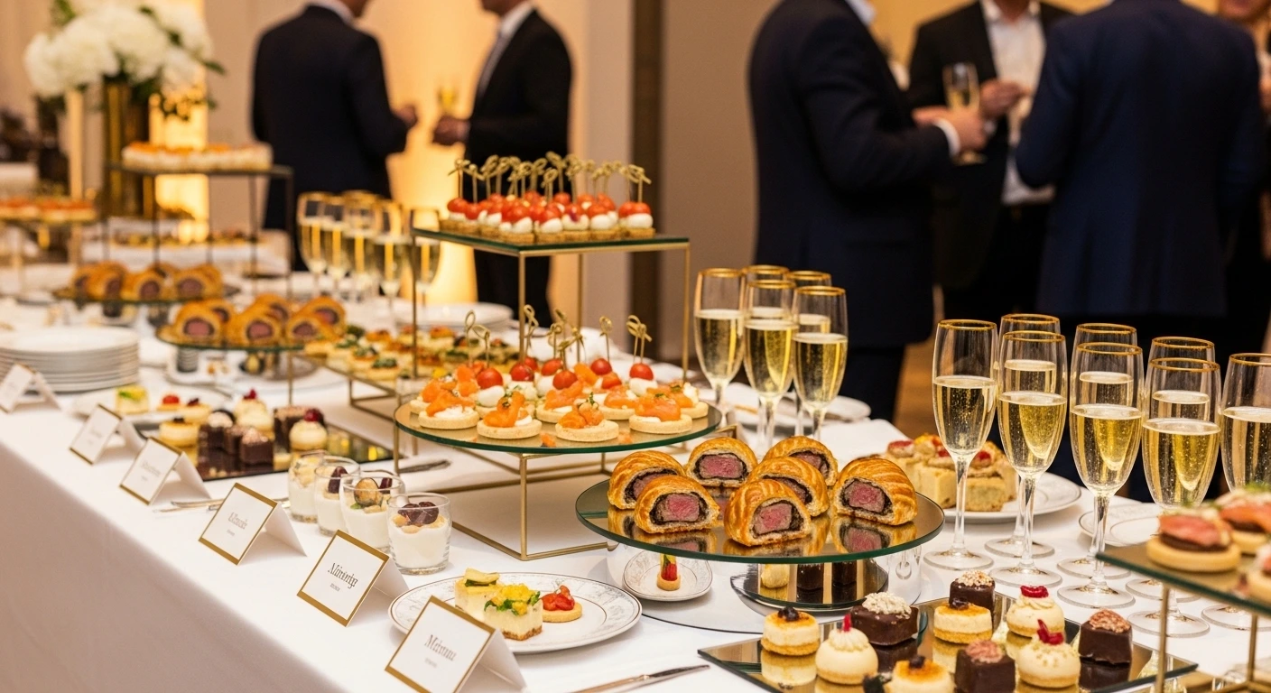 Elegant corporate event catering table with canapes, drinks, and hospitality setup for a networking event