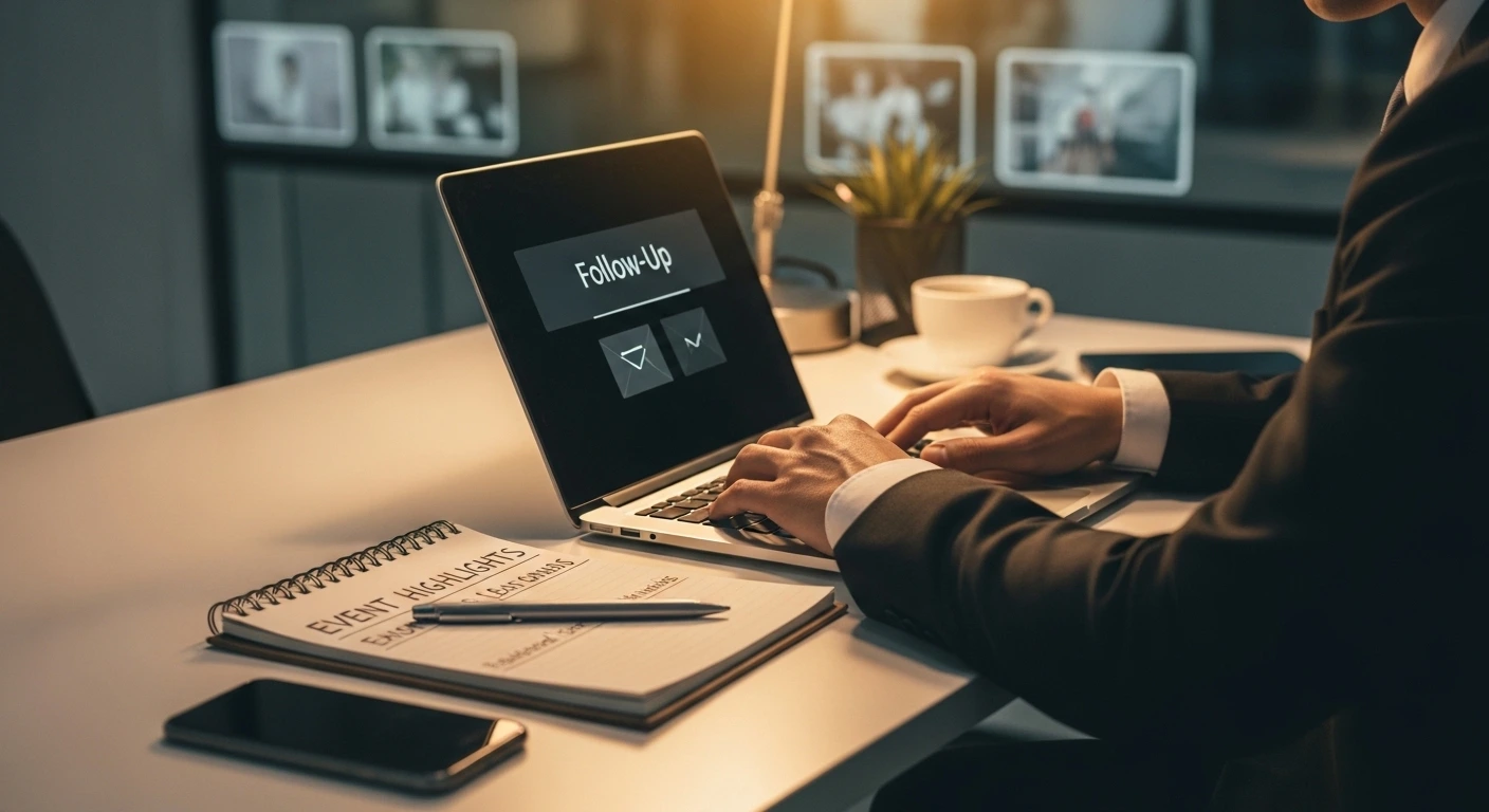 Business professional sending post-event thank you email on laptop after a successful corporate event