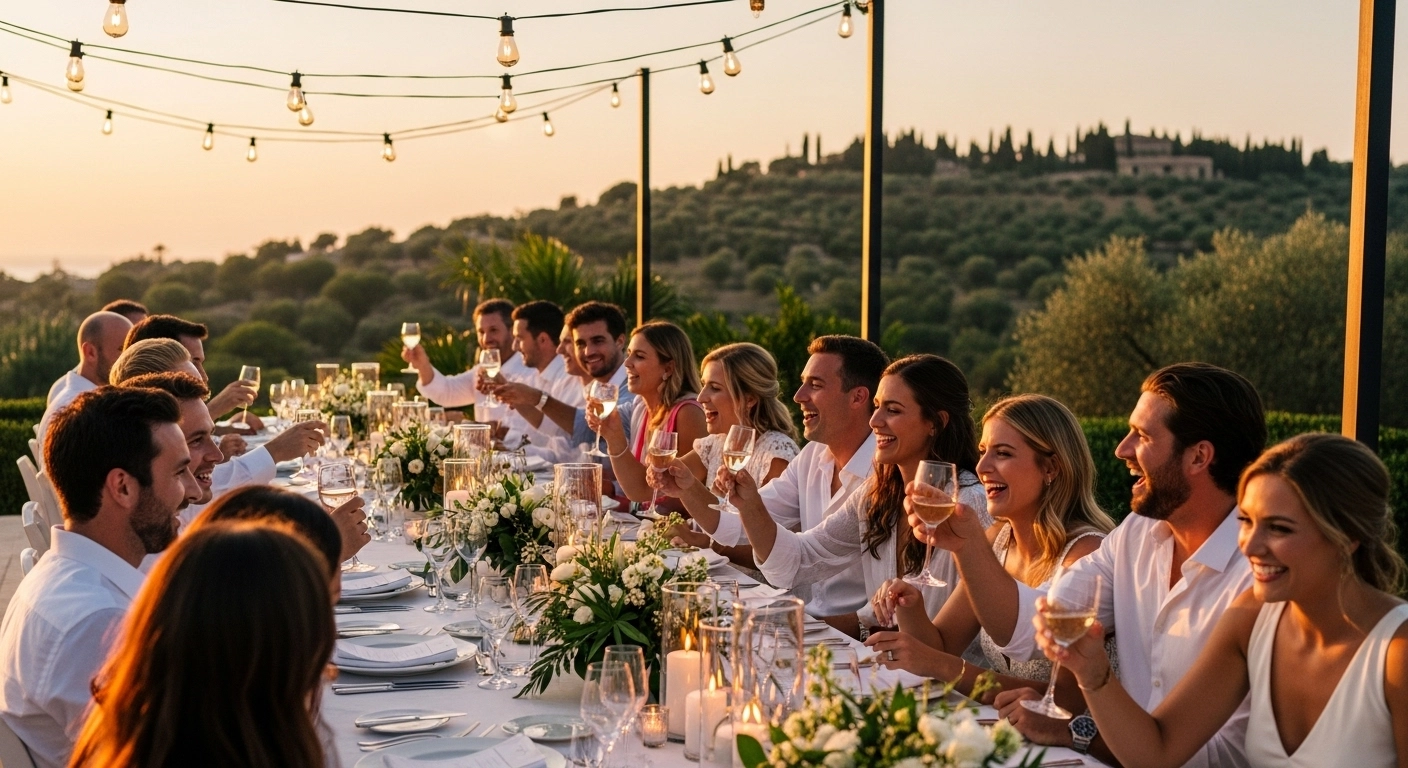 Wedding guests enjoying outdoor welcome dinner with string lights at destination wedding weekend