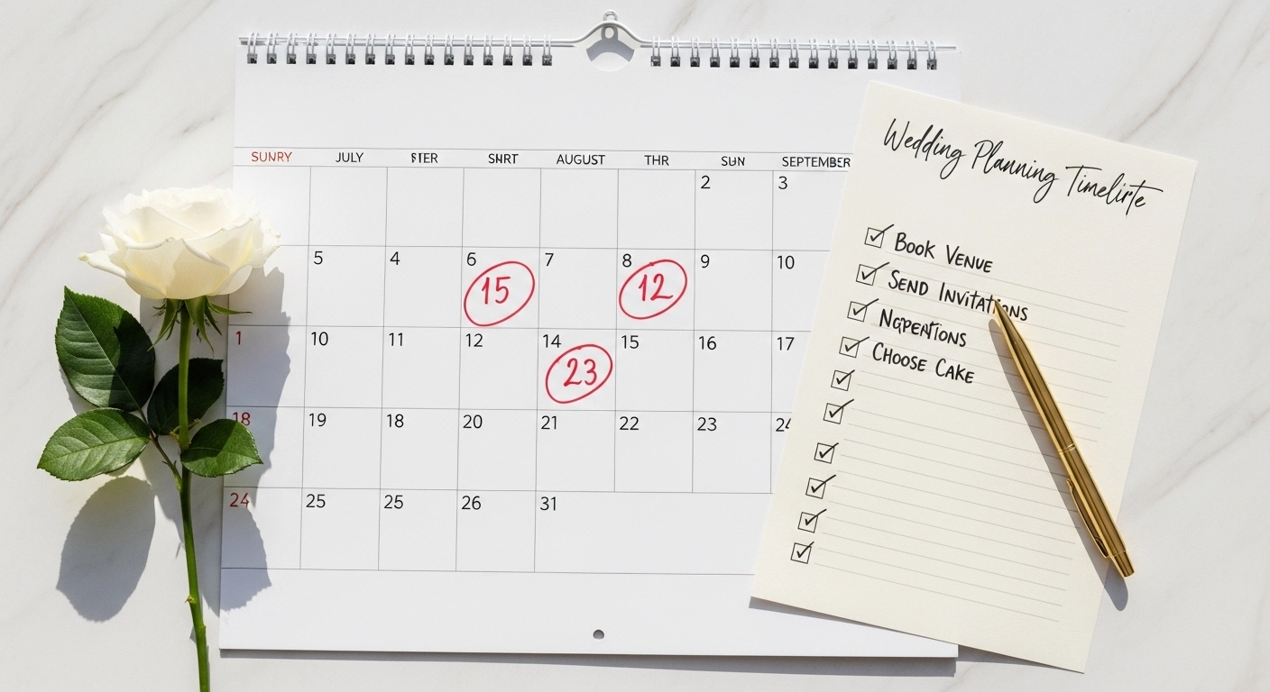 Wedding planning timeline checklist with calendar marking 12 months before wedding date