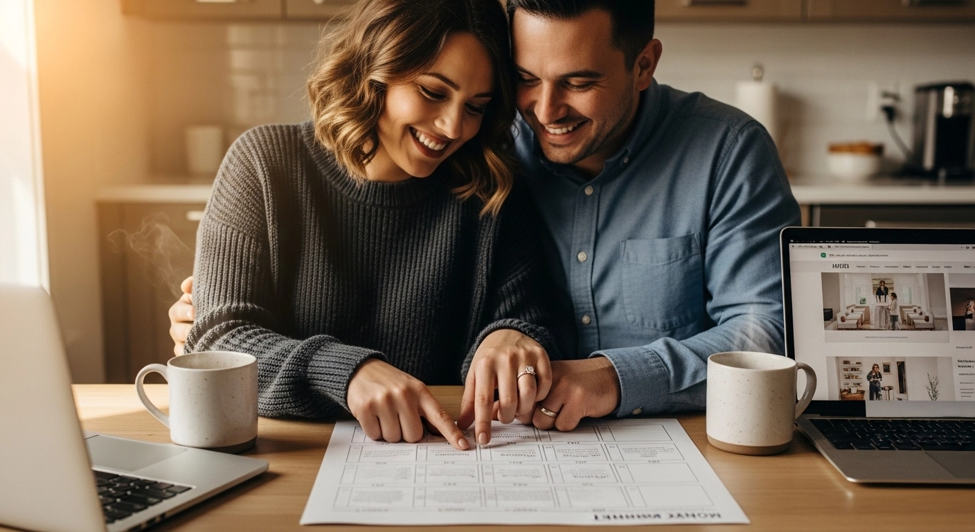 Bride and groom reviewing wedding planning checklist 12 months before wedding day