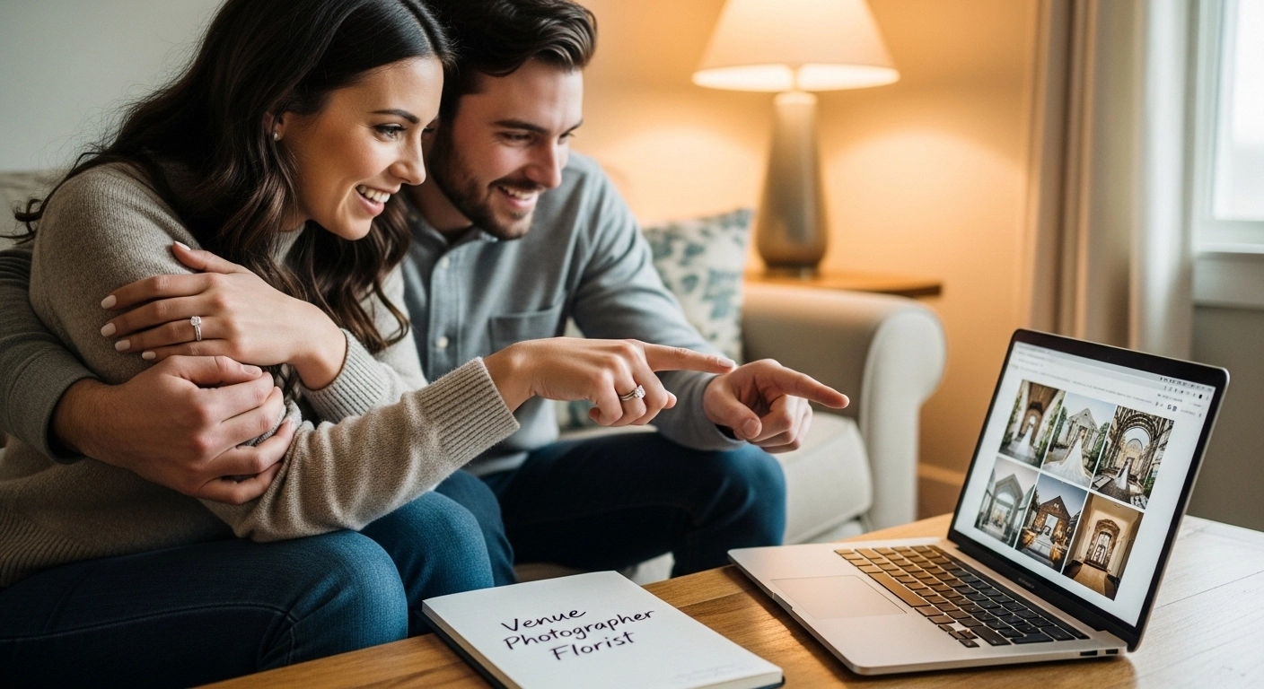 Newly engaged couple booking wedding venue and photographer online after engagement