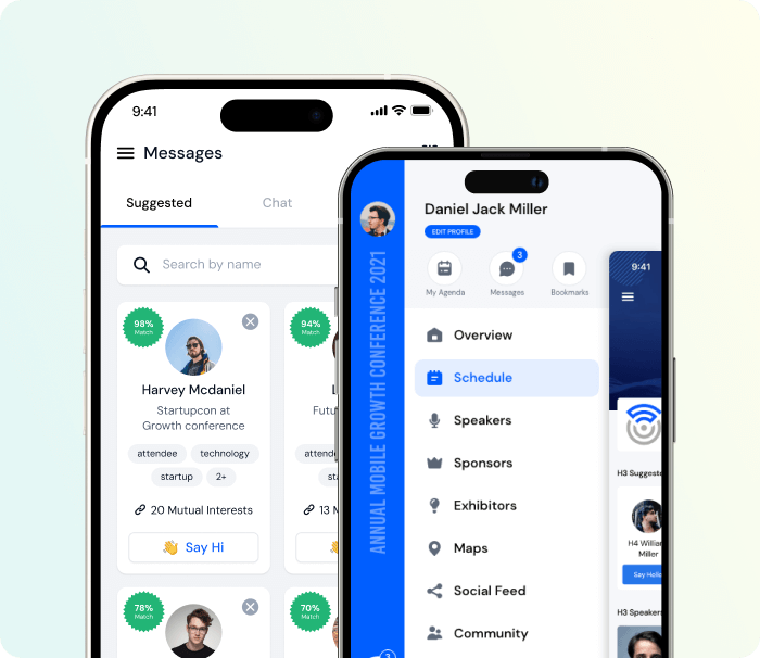 mobile mockup showing event community and social networking screen