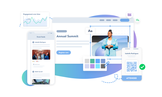 A visual of the EMM platform with the title Annual Summit, and an attendee on the bottom right.