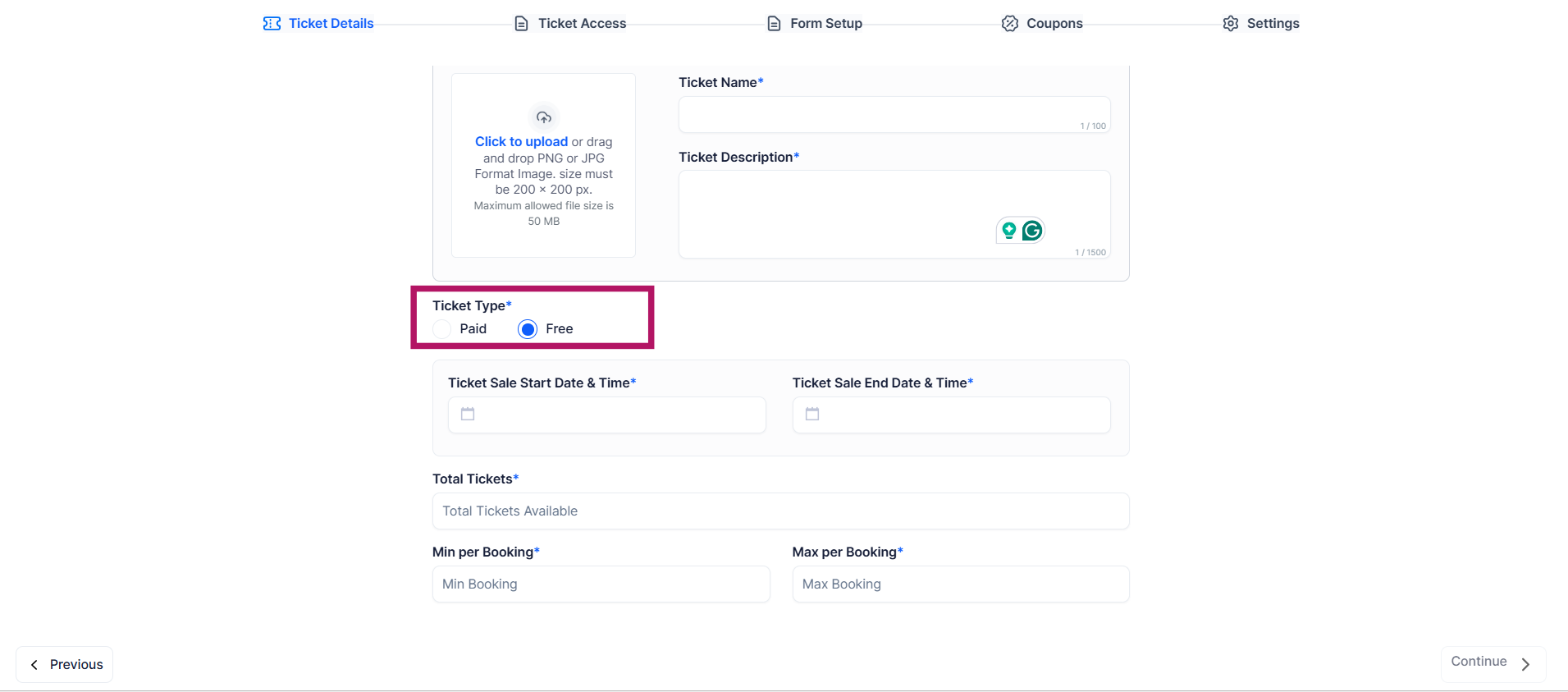 Ticket setup form with Ticket Type field set to Free, with Price, Currency, Fee Setting and Payment Method fields hidden