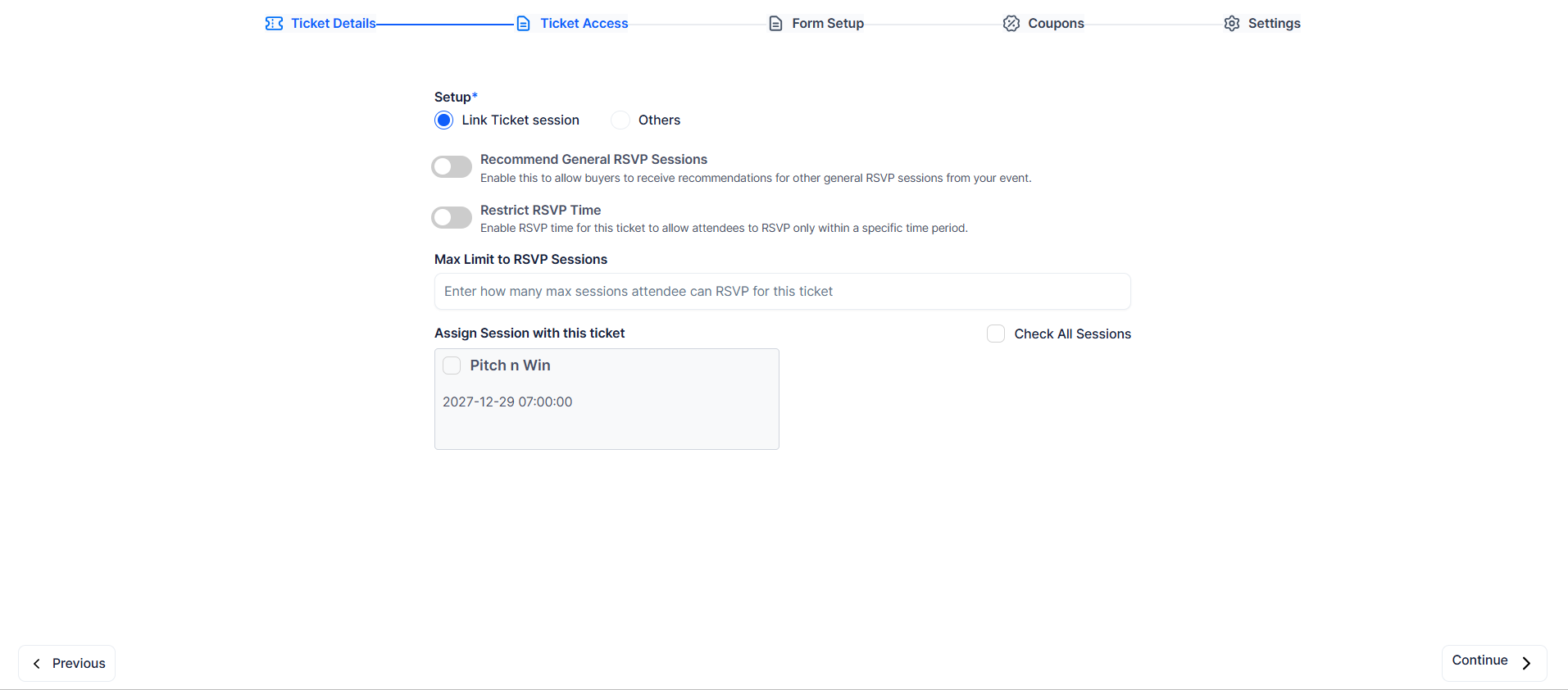 Ticket Access tab in Eventify with Link Ticket Session and Others options for assigning sessions to a free ticket
