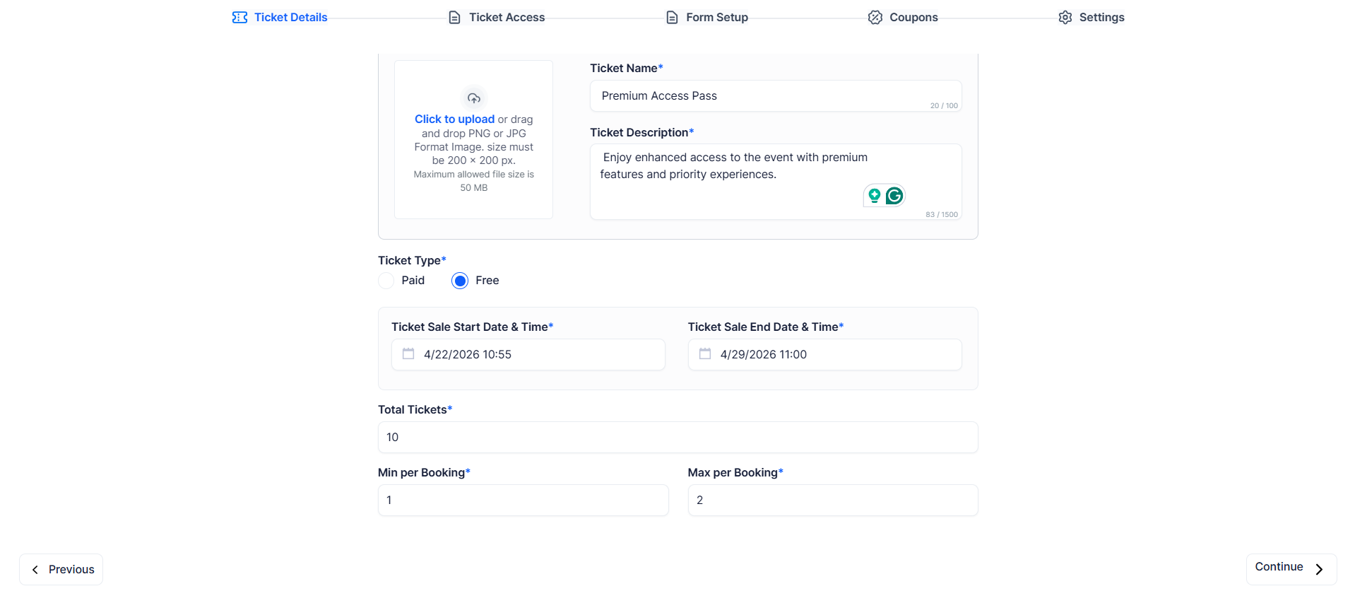 Free ticket creation form showing required fields including ticket name, description, start and end dates, total tickets, and minimum and maximum per booking