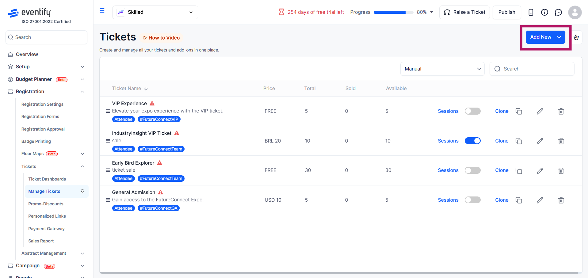 Eventify admin dashboard showing the Manage Tickets page with the Add New button highlighted