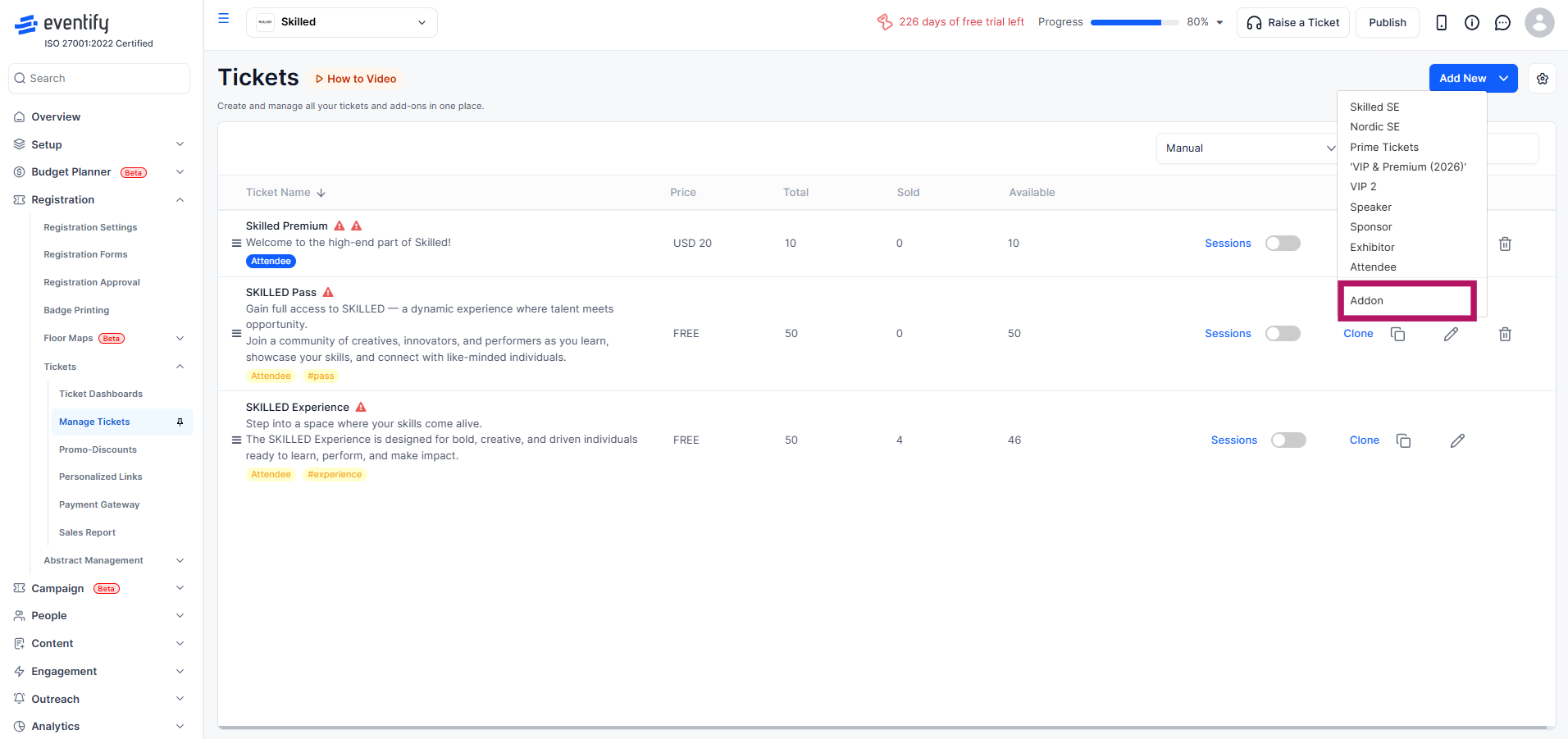 Creating an addon ticket in Eventify