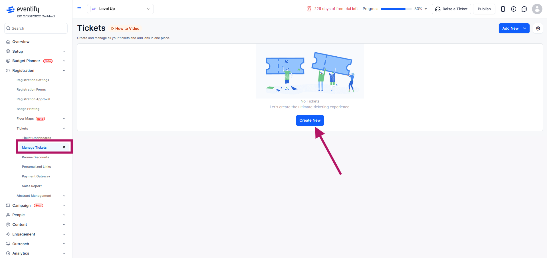 Creating a new ticket in Eventify admin panel
