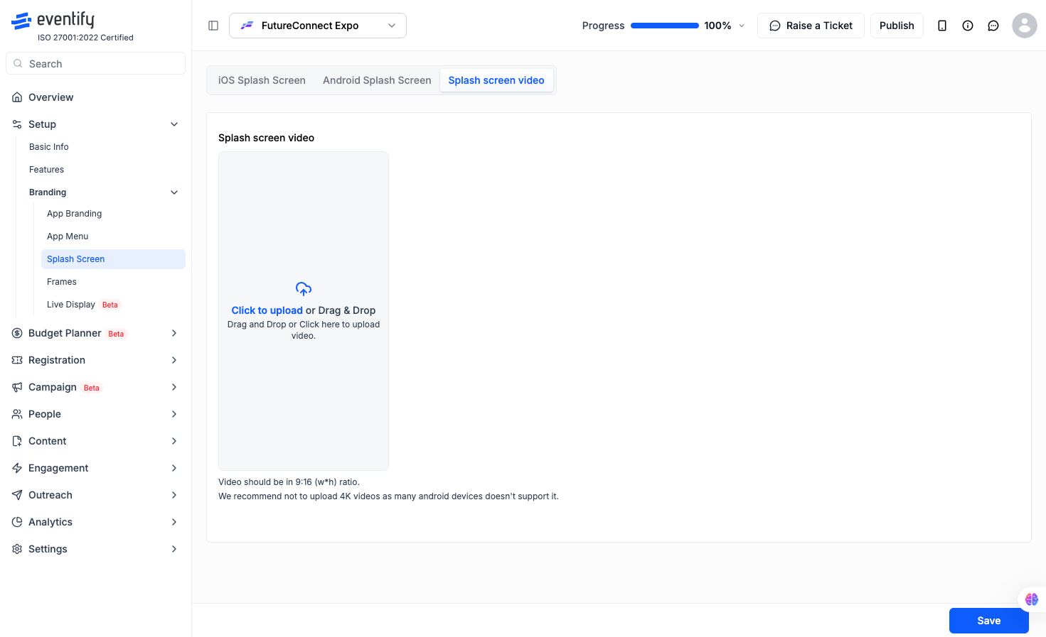 Splash Screen Video upload tab in Eventify